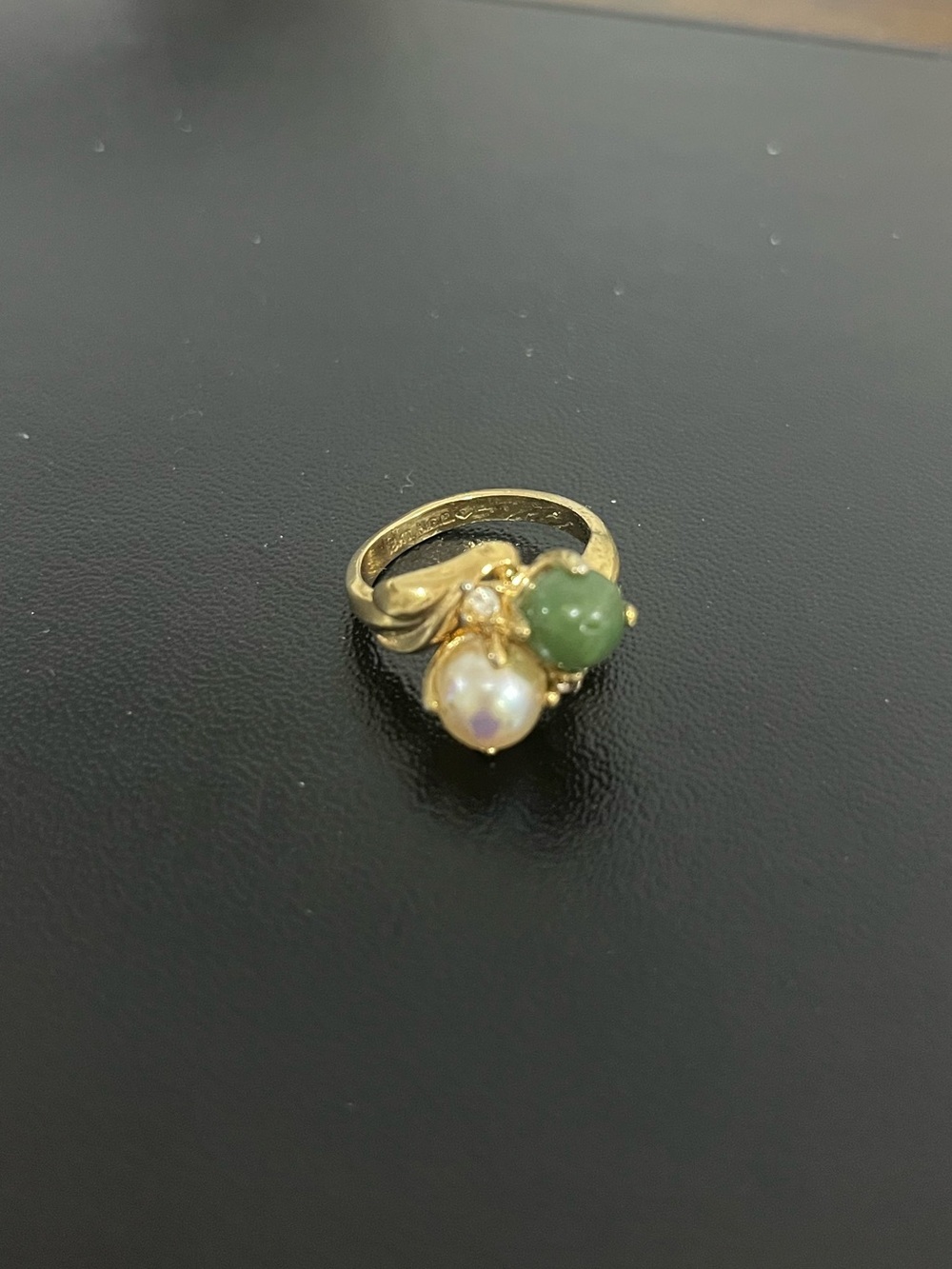 Gold Tone Ring with Faux Pearl and Jade
